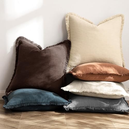 MIULEE Linen Fringe Decorative Fall Euro Pillow Covers Dark Brown 24x24