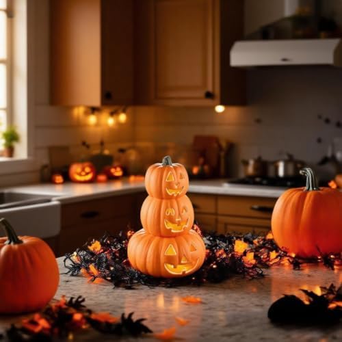 Evelyne Stacked Jack-O’-Lantern Pumpkin Decoration – 3-Tier Light-Up Halloween Gourd HDPE Plastic – Indoor/Outdoor Fall Decor with Happy Ghost Faces – Cute Pumpkin Tower for Porch Tabletop