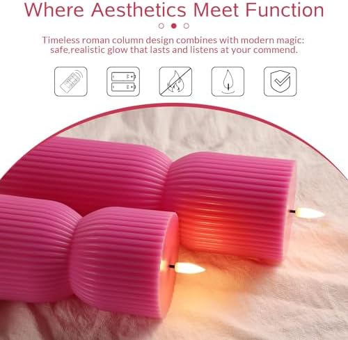 Hot Pink Ribbed Flameless Pillar Candles with Remote Set of 2