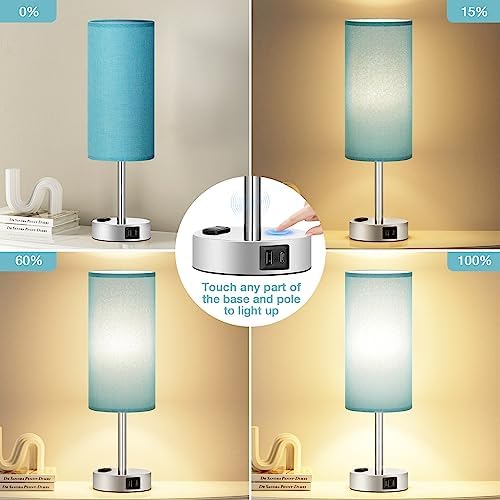 Fenmzee Light Beige Bedside Table Lamp, Dimmable Touch, USB A+C, AC Outlet