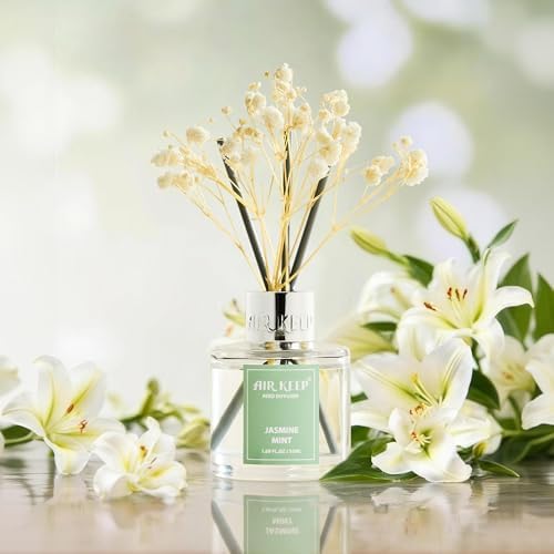 Airkeep Reed Diffuser Set,1.69 fl oz (50 ml) - Jasmine Mint Oil Diffusers with 8 Reed Sticks,Home Fragrance Reed
