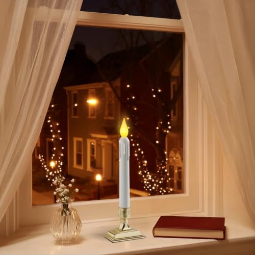 6 Pcs Sensor Dawn to Dusk Window Candles, Flameless Battery Candles for Windows, Led Candlesticks with Gold Holders, Flickering Candle Lights for Xmas Home Decor, Warm Yellow Light