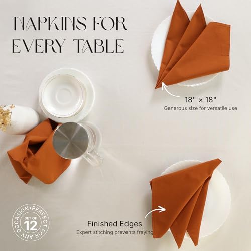 Cloth Napkins Set of 12, 100% Cotton Dinner Napkins for Thanksgiving, Christmas & Fall Entertaining, Washable Reusable Table Linens for Wedding & Everyday Use, 18 x 18 Inch, Rust