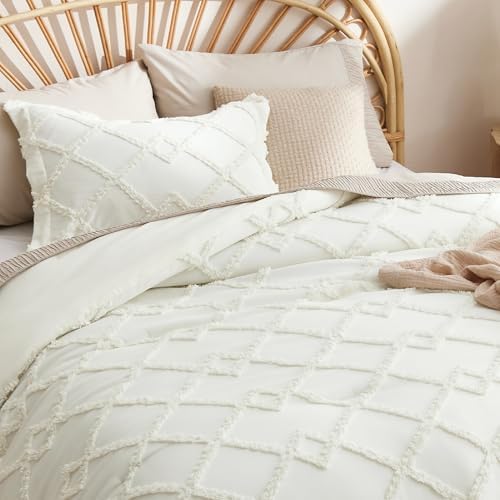 Bedsure Boho Comforter Set King - Ivory Tufted King Size Comforter, 3 Pieces Farmhouse-Style Embroidery Bed Set, Soft