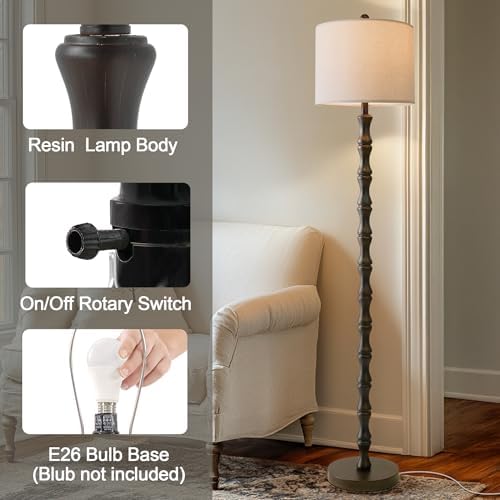 BOBOMOMO 62" Rustic Floor Lamp, Retro Farmhouse Standing Lamp with Rotary Switch, Resin Dark Brown Floor Lamp for