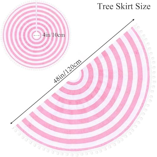 48 Inch Pink and White Christmas Tree Skirt with Pom Poms