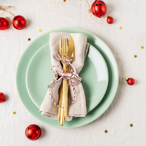 ZeeDix Christmas Rose Gold Reindeer Napkin Rings Set of 8 for Table Decor
