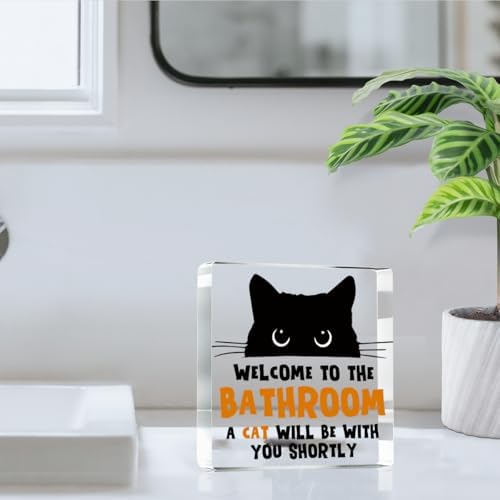Welcome to the Bathroom Funny Sign，Black Cat Decor, Cat Bathroom Acrylic Decor，Home Decor Creative Gift For Women Men，Funny Decorate Retro for Home Toilet