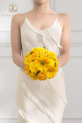 TINGE TIME 23pcs Artificial Flower Combo, Bright Yellow Gerbera Daisy Rose