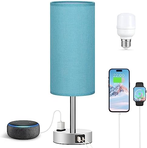 Fenmzee Light Beige Bedside Table Lamp, Dimmable Touch, USB A+C, AC Outlet
