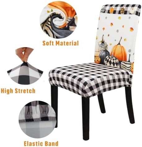 Halloween Chair Covers Set of 4, Fall Pumpkin Black/White Buffalo Plaid Chairs Slipcover for Dining Room, Removable Washable Breathable Cover in the Kitchen Restaurant Holiday Decor