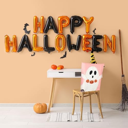 JarThenaAMCS 4 Pcs Halloween Chair Back Covers Pink Ghost Pumpkin Bat Dining Chair Slipcover Removable Seat Protector Cover for Home Kitchen Decorations