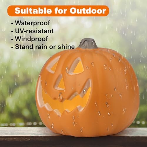 9" Jack-o'-Lantern - Halloween Light Up Pumpkin Lantern with ETL Certified Cord and 2 Safety Fuse - Indoor Outdoor JackoLantern Decoration for Halloween Party Home Décor - Round Lightened Pumpkin