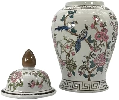 Galt International Partridge Bird Floral Chinoiserie Ceramic Temple Jar 18" w/Lid - Ginger Jar Home & Kitchen Decor for