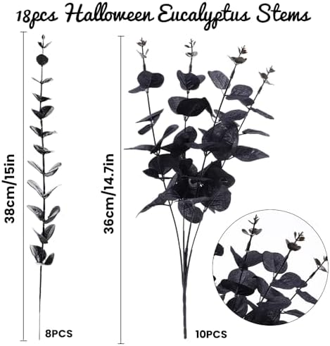 DIYDEC 18Pcs Black Artificial Flowers 2 Styles Black Eucalyptus Stems Decor
