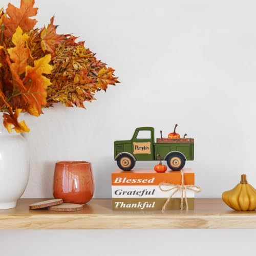 OLANRUN Fall Decor for Home, 9 Pcs Wooden Fall Table Decor with 3 Books, 3D Truck, 5 Pumpkins, Autumn Thanksgiving Decorations for Indoor Home Table Centerpieces Kitchen Tiered Tray Office Mantel