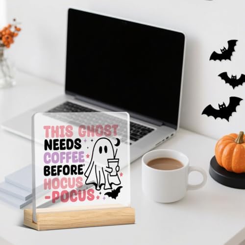 Cute Hocus Pocus Sign Halloween Coffee Bar Decor Ghost Acrylic Sign Decorations for Home Office Desk Kitchen Coffee Station Table Desk Decor Gifts for Halloween Women
