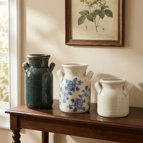 Ceramic Vase Set of 3 with Two Handles, Blue White Neutral Rustic Modern Farmhouse Boho Decor, Versatile as Table