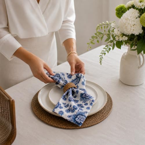 Taran Living Set of 12 Blue Cloth Napkin, Floral Print on 100% Cotton, Absorbent Napkin for Everyday Dining, Guest Dinners, 18X18 inch, Soft and Washable.