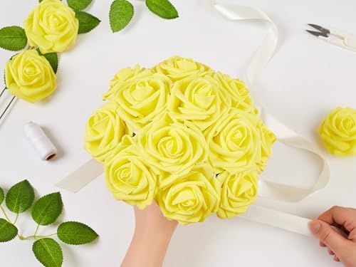 16 Pcs Yellow Artificial Flowers, Fake Roses with Stems