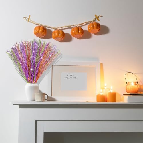 YBB 30Pcs Halloween Artificial Glitter Branches, 17 Inch Fall Stem Floral Picks Decorative Twigs for Halloween Thanksgiving Day Home Table Vase Decoration (Green&Purple&Orange)