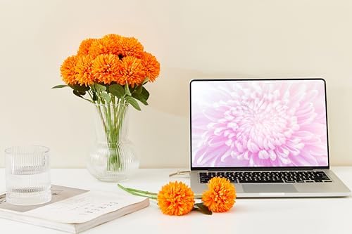 SITUMEIZI 12 Pcs Orange Artificial Chrysanthemum Flowers, Fake Mums