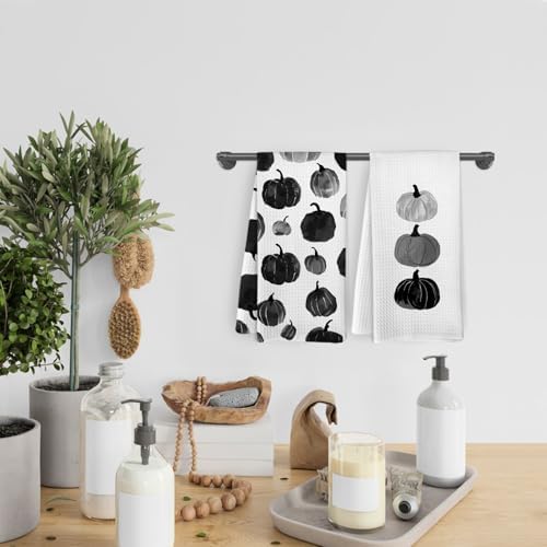 Black Fall Pumpkin Decor Kitchen Towels and Dishcloths Set of 2, Halloween Black Farmhouse Pumpkins Fall Decor Decorations Hand Dish Towels for Dorm Bathroom Bedroom, Autumn Tea Towel, 16×24