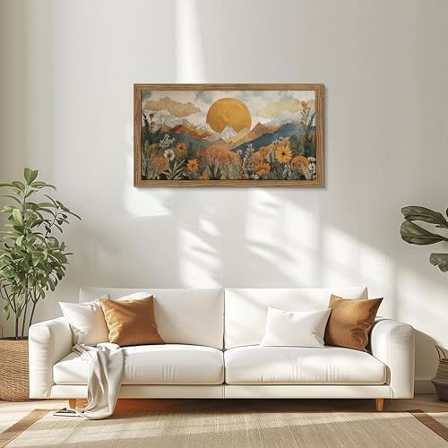 Framed Boho Landscape Large Wall Art, Abstract Sun Mountain Canvas Wall Decor Painting, Modern Floral Botanical