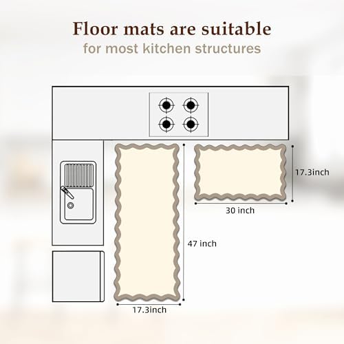 Arenarug Scalloped Kitchen Mats for Floor, Khaki Kitchen Rugs Set of 2