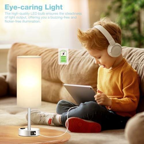 Fenmzee Grey Bedside Lamp for Bedroom, Dimmable Touch, USB A+C, AC Outlet