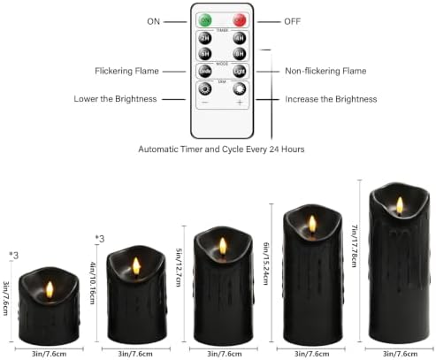 Nimiko Flameless Candles with Remote, Battery Operated Flickering Flameless Candles, LED Candles with Timer 2/4/6/8H, Realistic Drop Wax flameless Candle Set of 9 (D3 x H 3" 4" 5" 6" 7") (Black)
