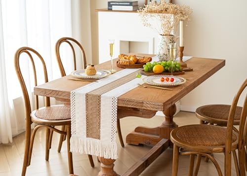 FEXIA Boho Table Runner for Fall Home Decor 12x72 Burlap with Tassels