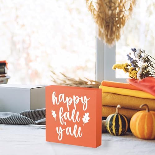 Fall Decor, Fall Decorations for Home Office, Fall Sign, Autumn Maple Leaf Decorations, Happy Fall Y'all Sign, Autumn Desk Shelf Decor 5 X 5 Inch