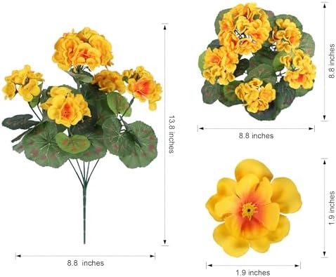 Fake Geraniums Artificial Flowers for Outdoors Winter Decoration, 6 Bundles Silk Geraniums UV Resistant Look Real Yellow Faux Flowers Plants for Front Door Garden Planter Patio Balcony Yard Home