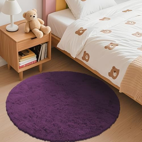 OLANLY Dark Purple Round Rugs for Bedroom - Machine Washable, 3 ft Circle Area Rugs for Living Room, Soft and Fluffy