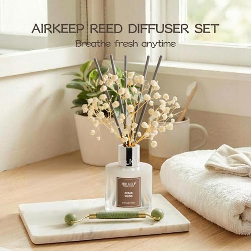 Airkeep Reed Diffuser Set,3.38 fl oz (100 ml) - Cedar Wood Oil Diffusers with 8 Reed Sticks, Home Fragrance Reed