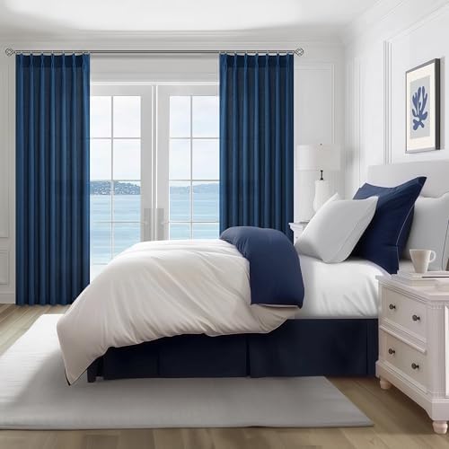 Pleat Sheer Denim Blue Curtains 84 Inch Length 2 Panels Set for Living Room, Elegant Pinch Pleated Textured Linen
