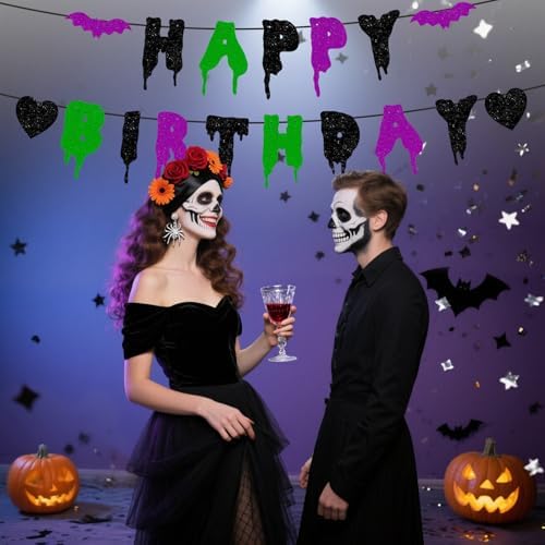 Happy Birthday Halloween Banner NO DIY Glitter Halloween Birthday Party Decorations for Home Office Wall Mantle Scary Party Decorations (Black Green Purple)