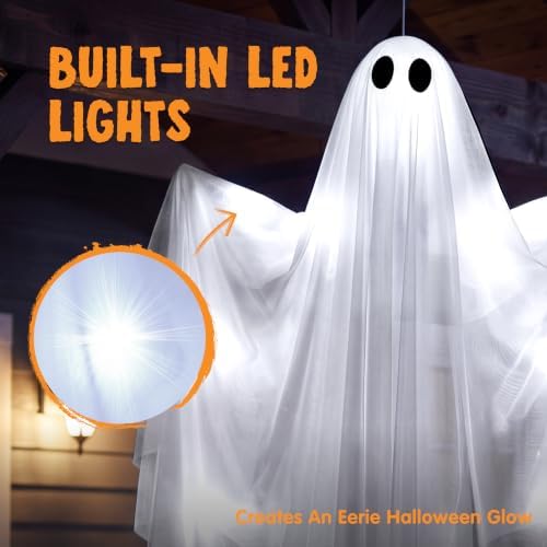 JOYIN 2 Pcs 47” Halloween Light up Hanging Ghost Decorations Outdoor, Cold White Flying Lighted Ghosts with Timer for Haunted House Prop, Front Yard Patio Party Decor Indoor Outside