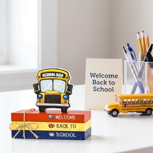 Smile Back to School Wooden Table Decor Apple, Math, Science, History Desktop Signs Classroom & Home Office Tabletop Decorations Gift for Students, Teachers