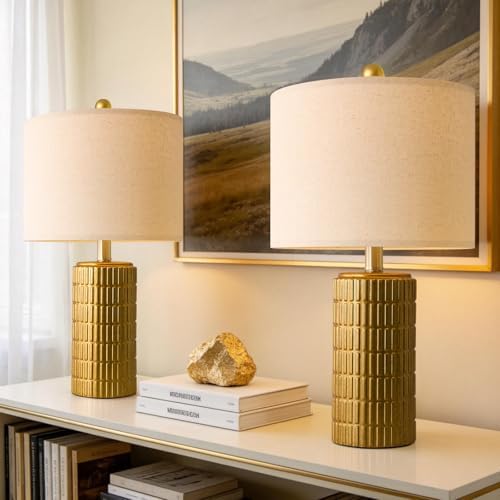 PoKat 20.75" Brass Gold Ceramic Table Lamps Set of 2 for Living Room, Small Retro Bedside Lamps for Bedroom, Nightstand