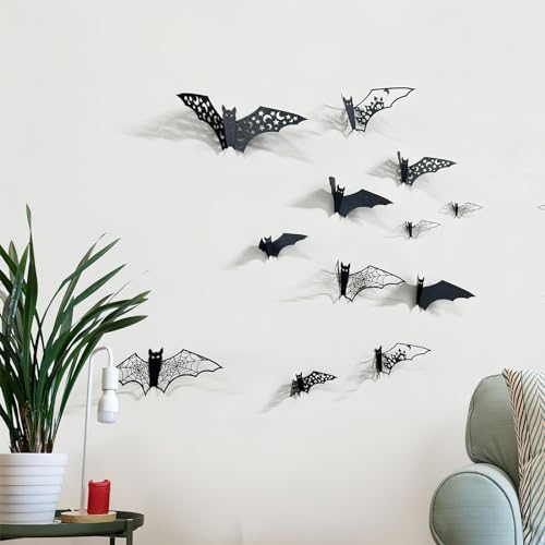 24Pcs Large Halloween Bats Decorations - 3D Self-Adhesive PVC Scary Wall Decor, Hollow Out Waterproof Black Stickers for Indoor Party Supplies, Door and Room Decals