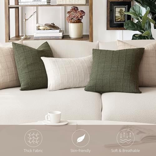 Decorative Linen Check Throw Pillow Covers Neutral Farmhouse / 20 x 20 / Natural Linen / Set of 2