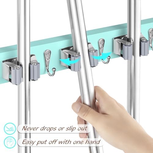 OUTNILI Turquoise Mop Broom Holder Wall Mount with 4 Slots & 4 Hooks - Wood Broom Mop Hanger for Pantry Closet Laundry