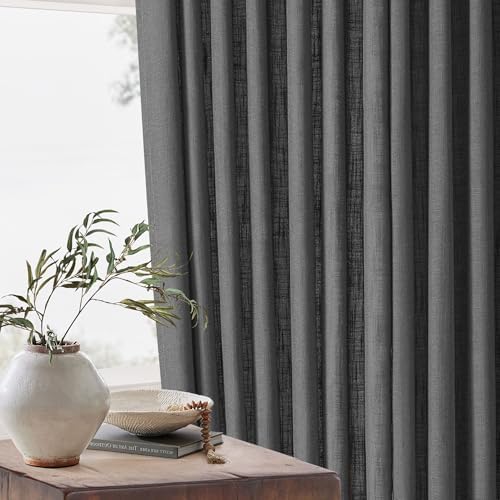 Charcoal Grey Pleated Linen Semi Sheer Curtains 45 Inch Length 2 Panels