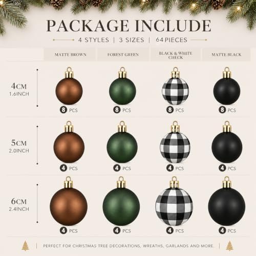 Lunmon 64 Pcs Neutral Christmas Ball Ornaments Bulk Matt Glitter Check Brown Green Black Xmas Bulbs Ornaments 1.6/1.97/2.4 Inch Modern Christmas Decorations for Tree Holiday Indoor Wreath Home Decor