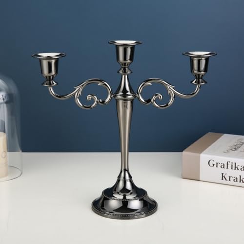 Black Candelabra Candle Holders for Pillar Candles 10.6 inch Tall, 5 Candle Candlestick Holder for 1/2-1 inch Taper Candles Halloween Candelabra Decoration Easy Assembly (Black Glossy-3 Arm)