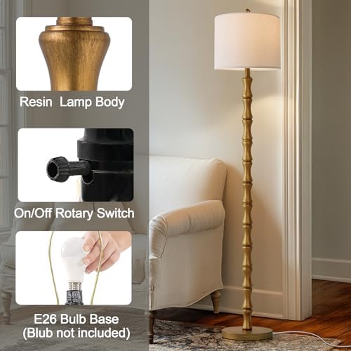 BOBOMOMO 62" Rustic Floor Lamp, Retro Farmhouse Standing Lamp with Rotary Switch, Resin Antique Gold Floor Lamp for