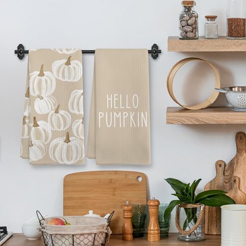 Fall Hello Pumpkin Kitchen Towels and Dishcloths Sets of 2, Fall Beige White Pumpkin Decor Decorations Dish Hand Tea Towels Gifts for Bathroom Kitchen, Autumn Aesthetic Fall Decor, 16x24 Inch