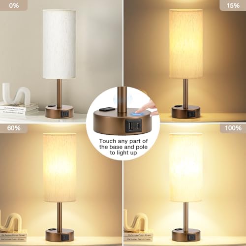 Fenmzee Brown Bedside Lamp for Bedroom, Dimmable Touch, USB A+C, AC Outlet